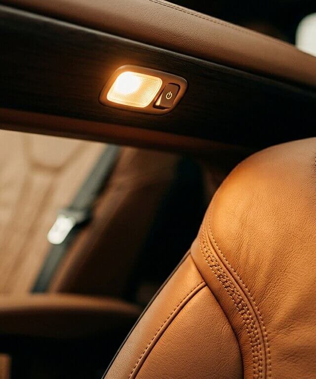 Detail of Mercedes V-Class interior, ambient reading light and stitched leather seat