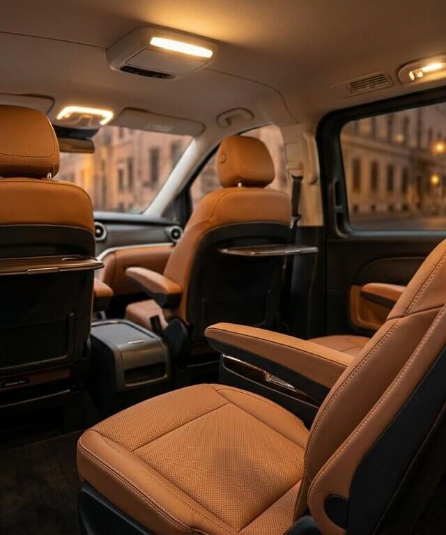 Interior of the Mercedes V-Class, leather seats and ambient light